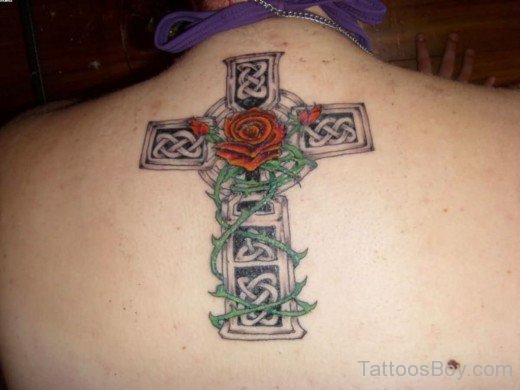 Celtic Cross And Rose Tattoo On Back-Tb12026