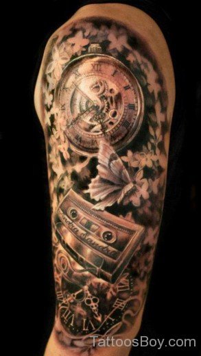 Clock And Flower Tattoo On Half Sleeve-TB12039