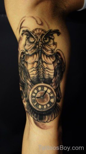 Clock And Owl Tattoo On Bicep-Tb12034