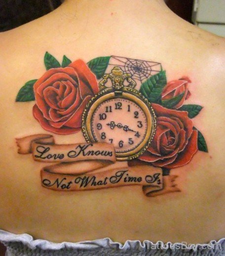 Clock And Rose Tattoo On Back-TB12040