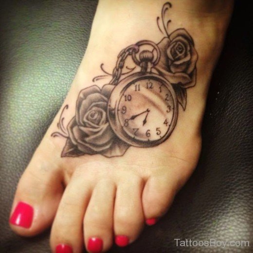 Clock And Rose Tattoo On Foot-Tb12036
