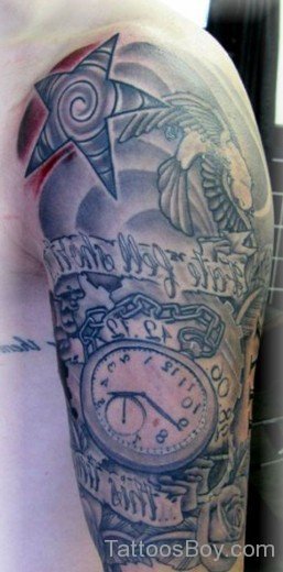 Clock And Star Tattoo On Half Sleeve-Tb12042