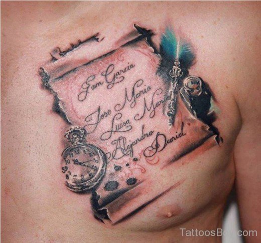 Clock And Wording Tattoo On Chest-Tb12044