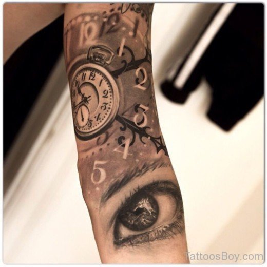 Clock And  Eye Tattoo On Arm-TB12042