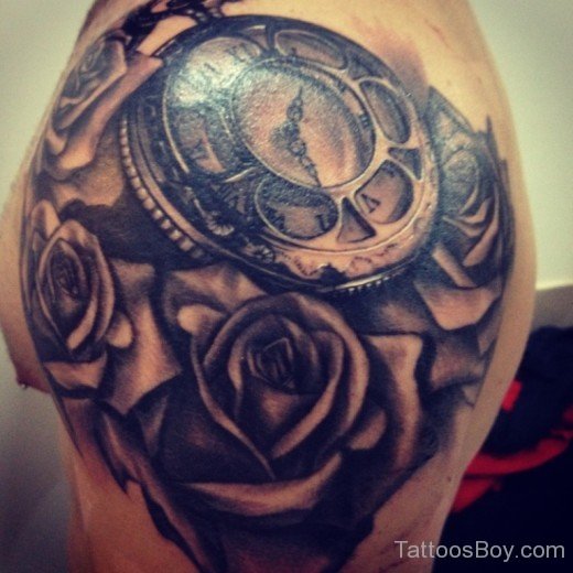 Clock Tattoo On SHoulder 