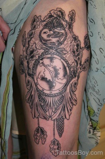 Clock Tattoo  On Thigh 