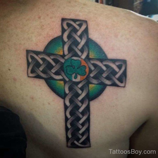 Clover And Cross Tattoo On Back-TB12061