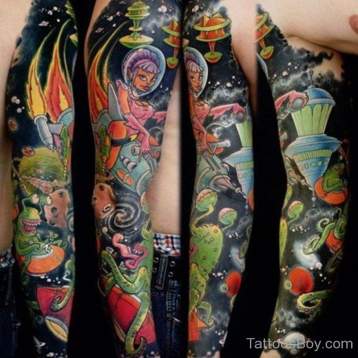 Colored  Alien Tattoo On Full Sleeve-TB119