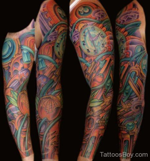 Colored Clock Tattoo Design On Full Sleeve-Tb12091