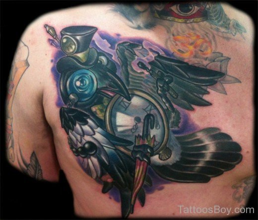 Colored Crow Tattoo On Chest-TB1028