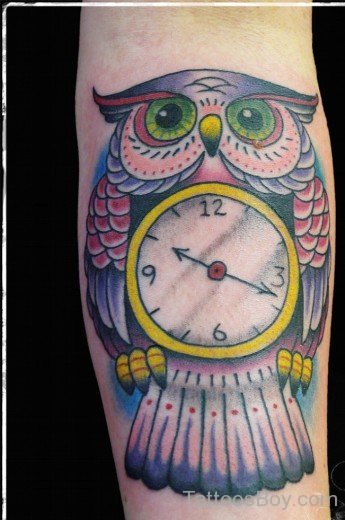 Colored Owl And Clock Tattoo-Tb12093
