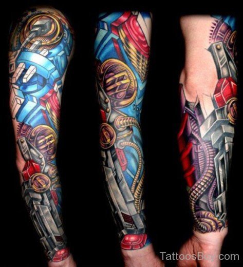 Colorful Biomechanical Tattoo On Full Sleeve-Tb1259
