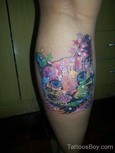 Colorful Cat Tattoo On Leg-TB12084