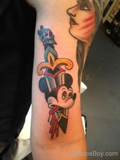 Colorful Dagger In Mickey Mouse Tattoo On Half Sleeve-TB12026