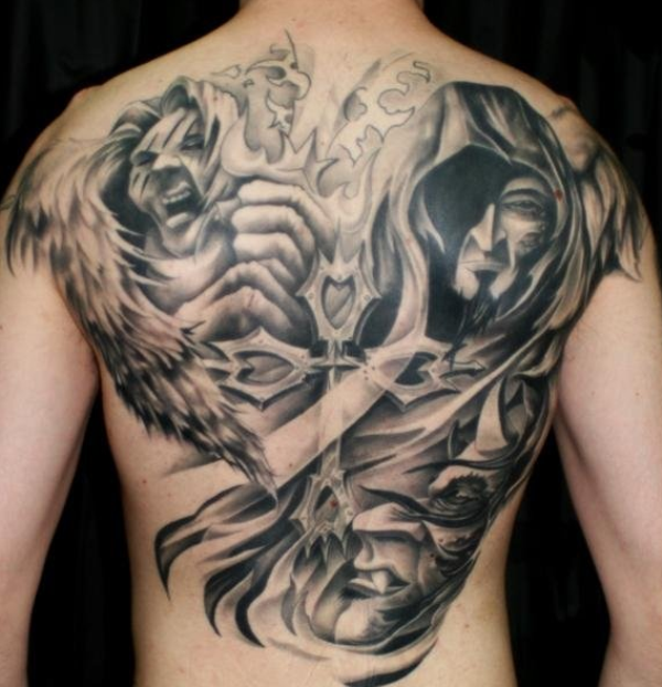 Cross And Angel Tattoo On Back | Tattoo Designs, Tattoo Pictures