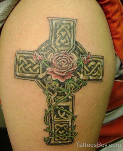 Cross And Rose Tattoo On Shoulder-Tb12072