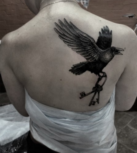 Crow And Key Tattoo On Back-TB1036
