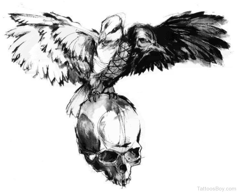 Crow And Skull Tattoo Deign.