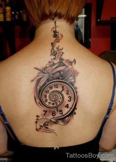 Dragomfly And Clock Tattoo On Back-Tb12097