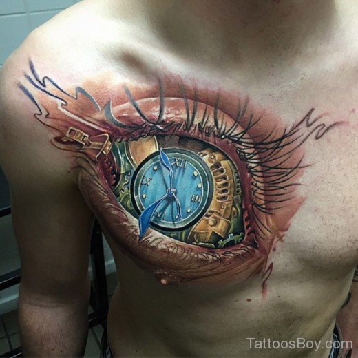 Eye And Clock Tattoo On Chest-TB12076