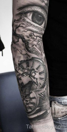 Eye And Clock Tattoo On Full Sleeve-TB12078