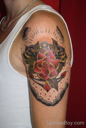 Flower And Anchor Tattoo On Shoulder-TB12190