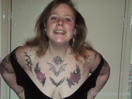 Flower And  Bat Tattoo On Chest-TB1264