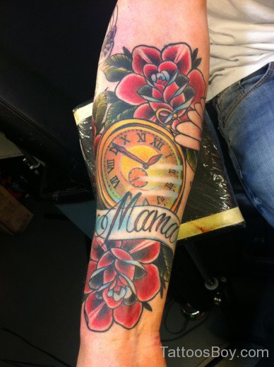 Flower And  Clock Tattoo On Arm-TB12083