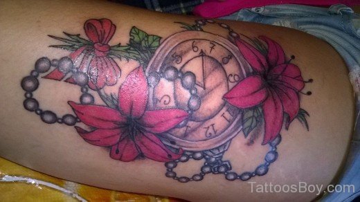 Flower And Clock Tattoo On Thigh-TB12084