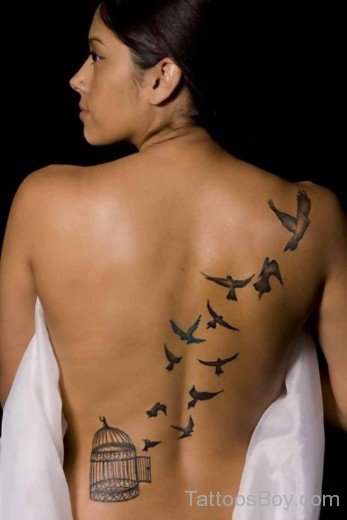 Flying Birds And Cage Tattoo On Back-TB12080