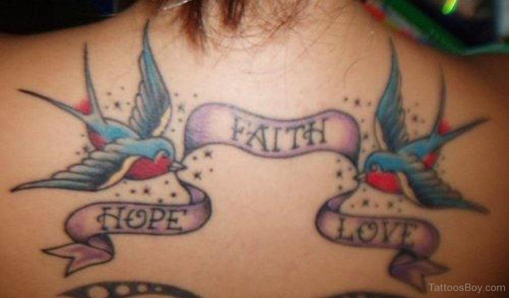 Flying Birds And Faith Banner Tattoo On Back