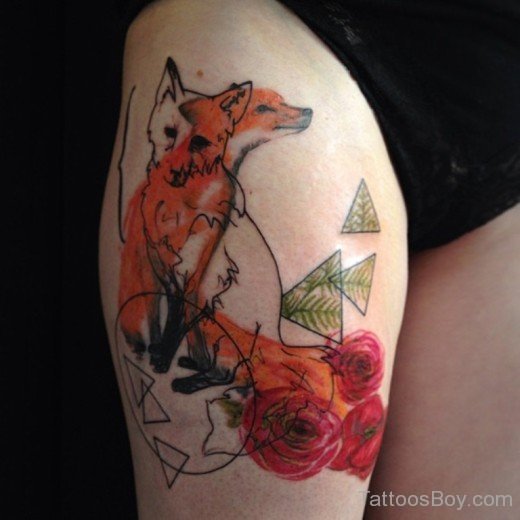 Fox And Flower Tattoo Design On thigh-TB12057