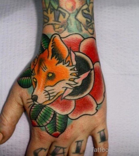 Fox And Flower Tattoo On Hand-TB12060