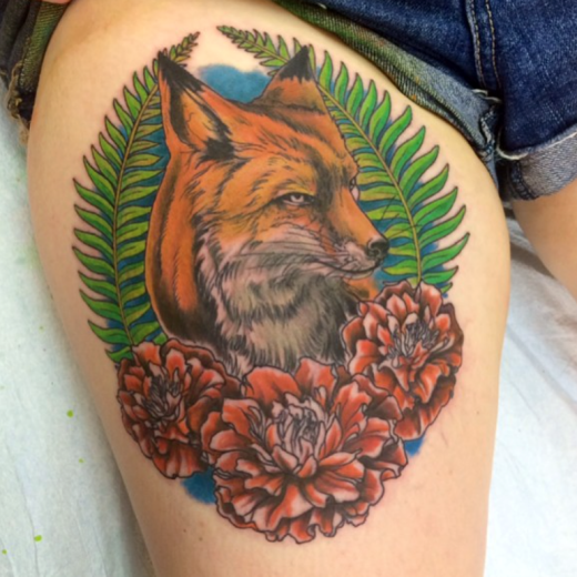 Fox And Leaf Tattoo On Thigh-TB135