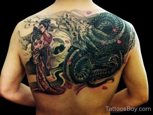Geisha Girl And Dragon Tattoo On Back-Tb1224