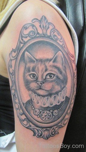 Gey Inked Cat Tattoo On Shoulder-TB12102