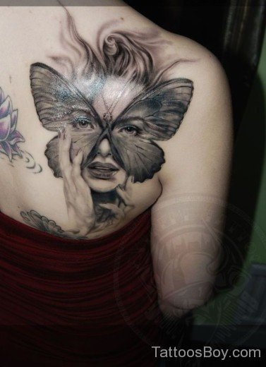 Girl Face And Butterfly Tattoo On Back-TB12209