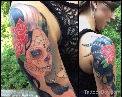 Girl Face And Flower Tattoo On Half Sleeve-TB1107