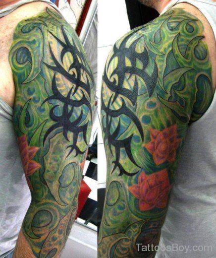 Green Biomechanical Tattoo On Shoulder-Tb1271