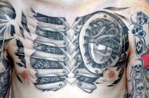 Grey Biomechanical Tattoo On chest-Tb1272