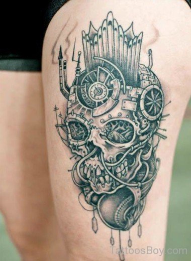 Grey Ink Biomechanical Skull Tattoo On Thigh-TB1223