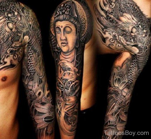 Grey Ink Buddhist Tattoo On Full Sleeve-TB1096