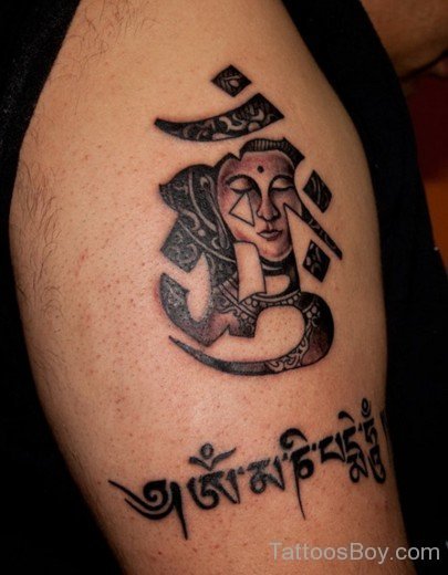 Grey Ink Buddhist Tattoo On Shoulder-TB1097