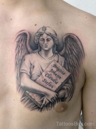 Grey Ink Guardian Angel Tattoo On Chest-TB12086