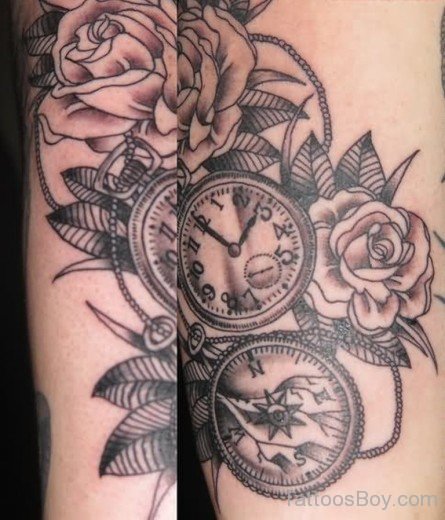 Grey Ink Rose And Clock Tattoo-Tb12111
