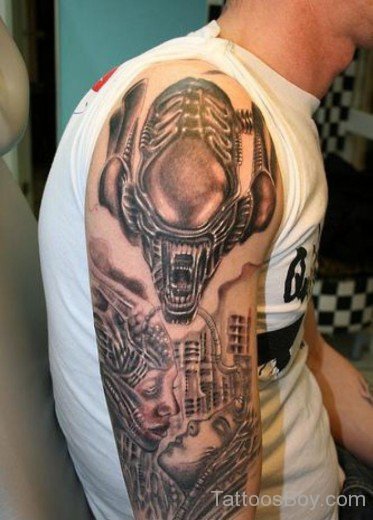 Grey Inked Alien Tattoo  On SHoulder-TB133