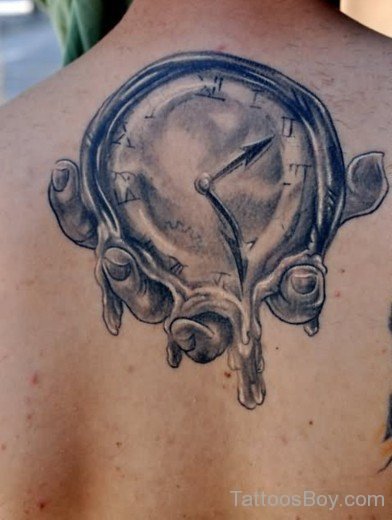 Grey Inked Clock Tattoo On Back-TB12089