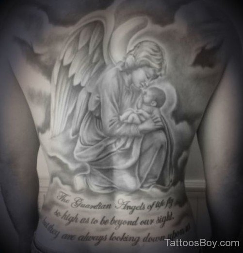 Guardian Angel Tattoo And Wording Tattoo On Back-TB1211