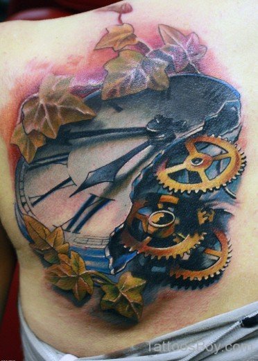 Leaf And Clock Tattoo On Back-Tb12116