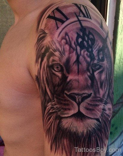 Lion And Clock Tattoo On Shoulder-Tb12117
